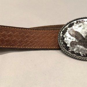 Genuine Leather Stamp Embellished Men’s Brown Belt With Ivan Bald Eagle Buckle